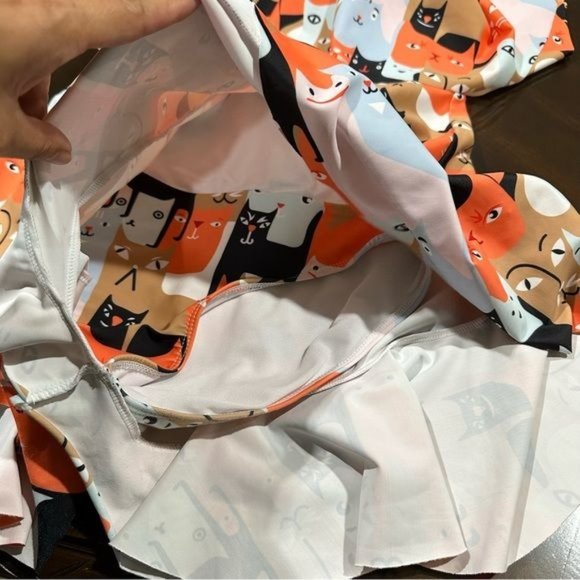 Cat Print Mod Romper Sleeveless Ruffle Padded Bra Pin Up Women’s Medium - Picture 5 of 14